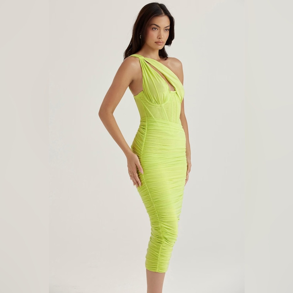 NWT House of CB Valentina Lime Asymmetric Cutout Midi Dress Size XS - Picture 4 of 14
